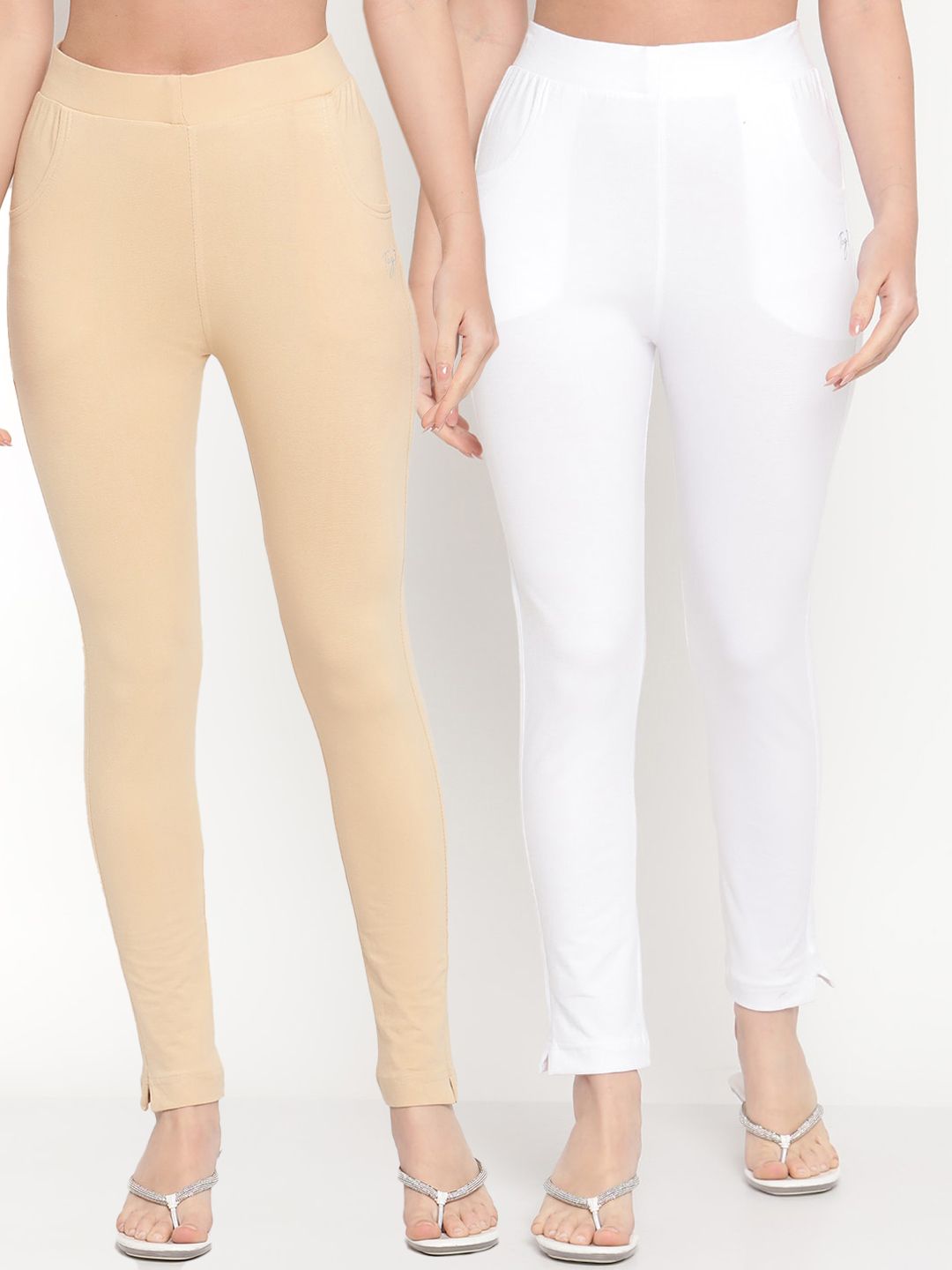 TAG 7 Set Of 2 Beige & White Solid Leggings Price in India