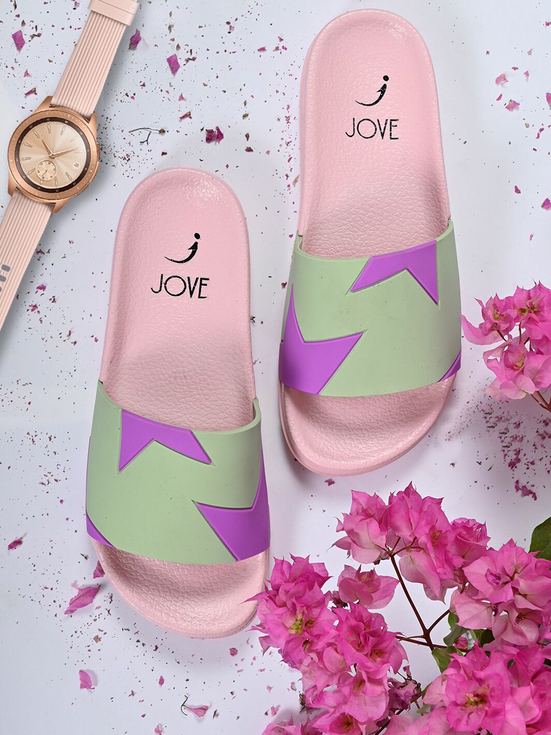 Jove Women Sea Green & Purple Printed Sliders Price in India