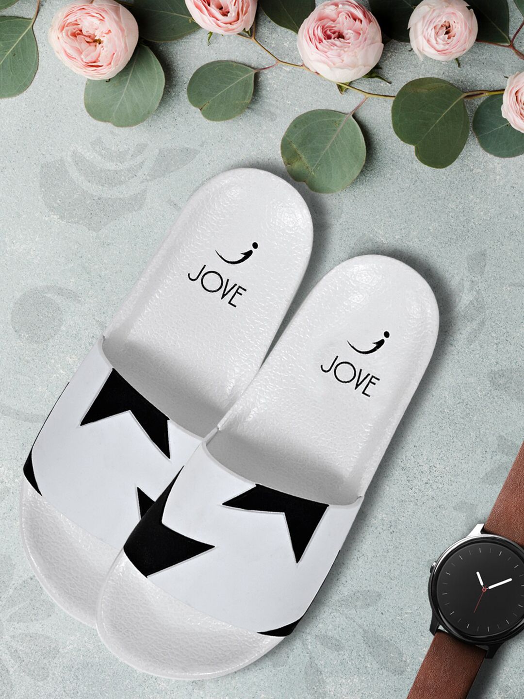 Jove Women White & Black Printed Sliders Price in India