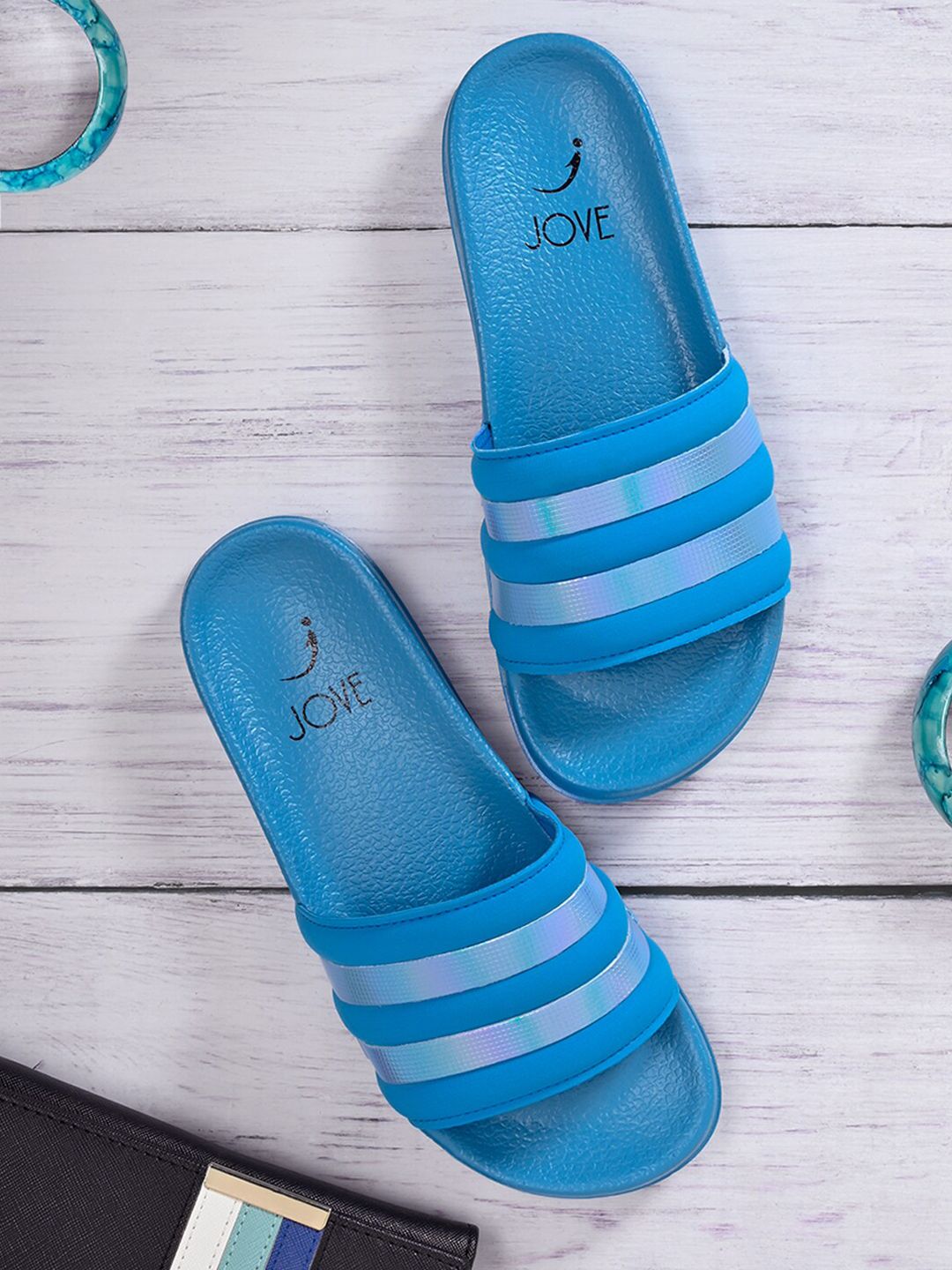 Jove Women Turquoise Blue Striped Sliders Price in India