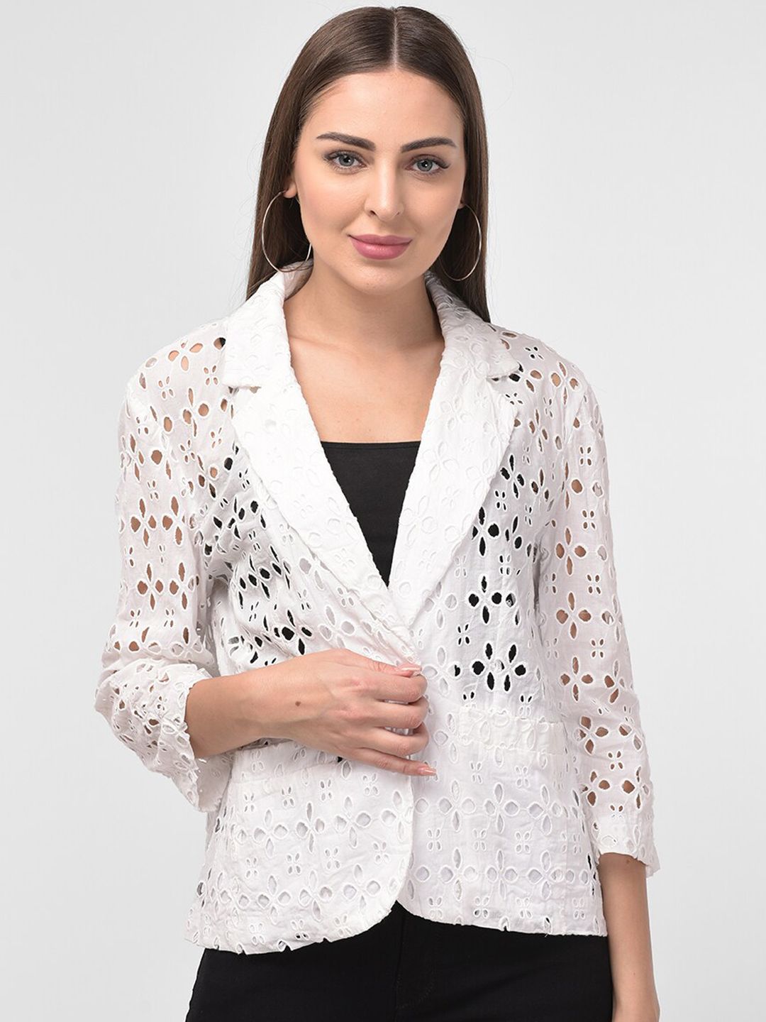 250 DESIGNS Women White Self-Design Pure Cotton Single-Breasted Blazer Price in India