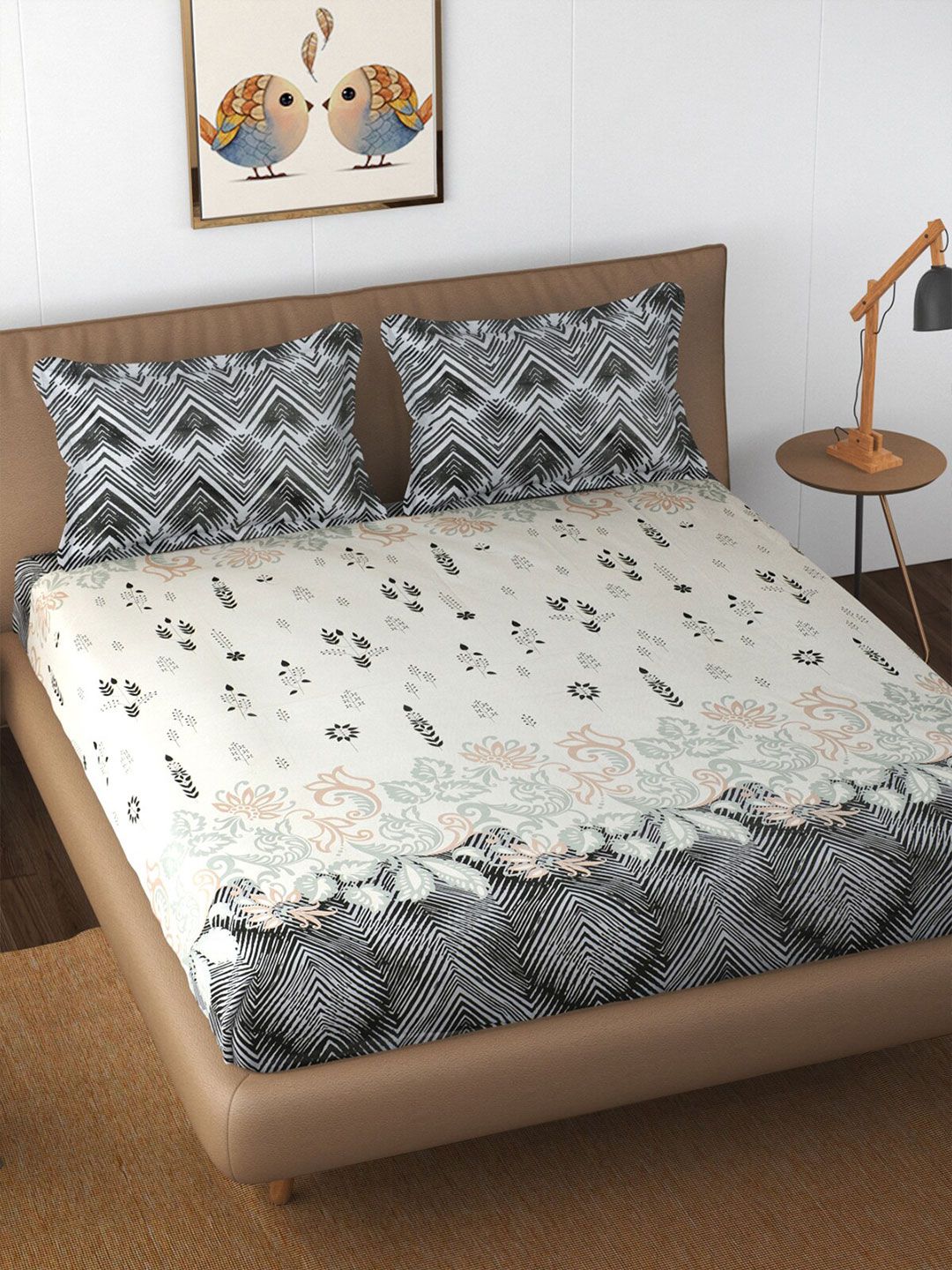 Florida Grey & Off-White Ethnic Motifs 210 TC Cotton King Bedsheet with 2 Pillow Covers Price in India