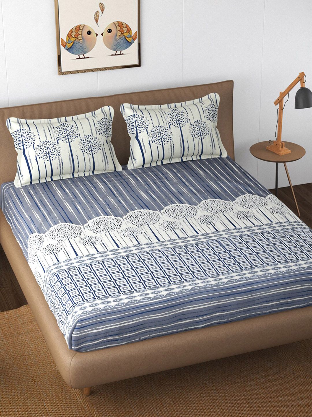 Florida Blue Ethnic Motifs 210 TC King Bedsheet with 2 Pillow Covers Price in India