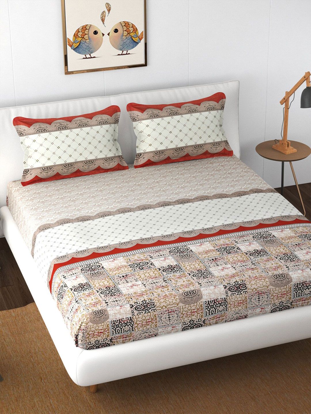 Florida Maroon & Cream-Coloured Ethnic Motifs 210 TC King Bedsheet with 2 Pillow Covers Price in India