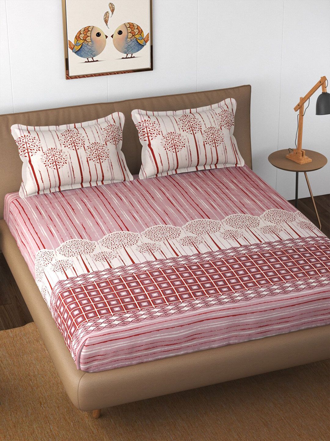 Florida Red & Beige 210 TC King Ethnic Motifs Cotton Bedsheet with 2 Pillow Covers Price in India