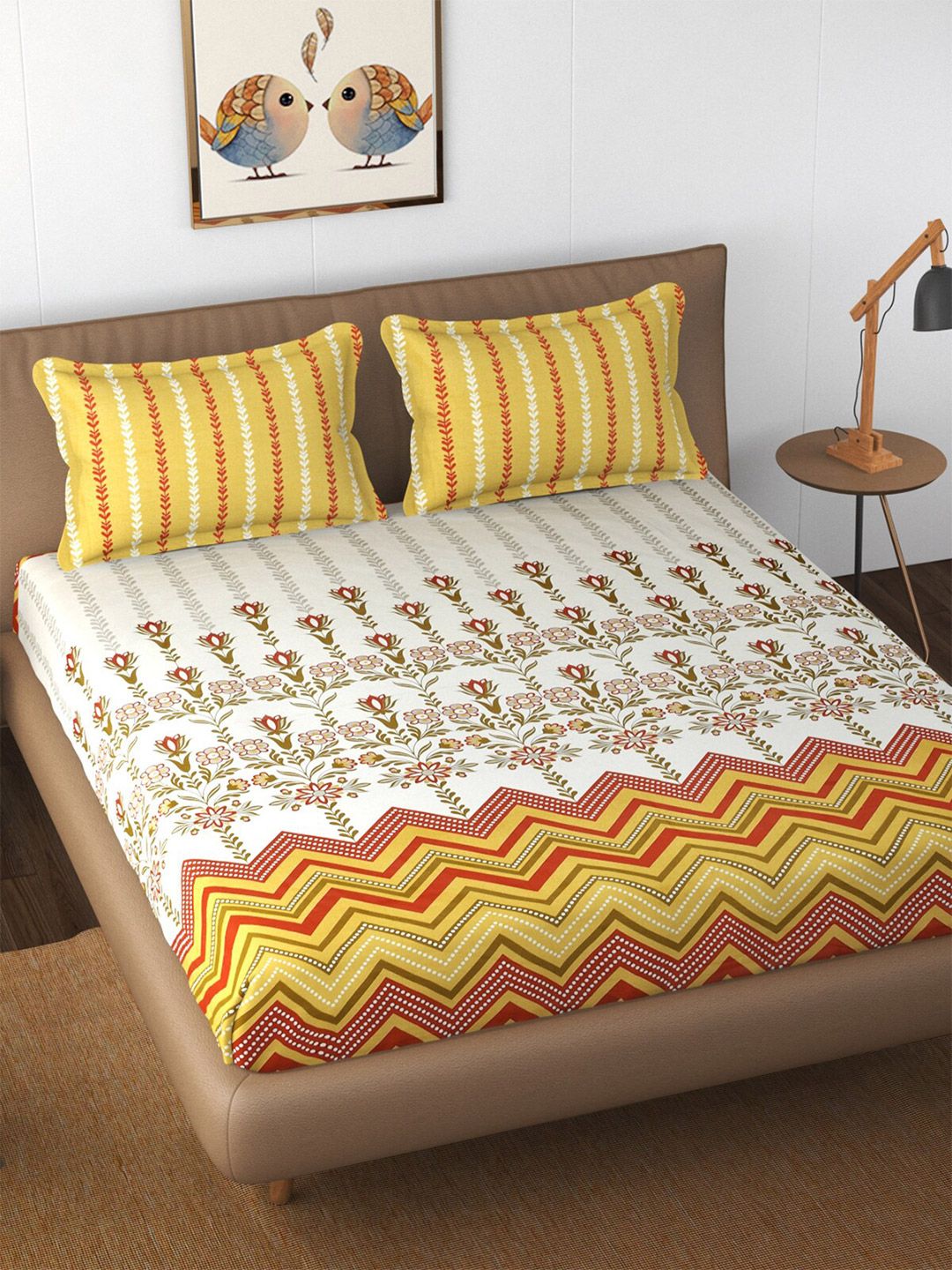 Florida Yellow & White Floral 210 TC Cotton King Bedsheet with 2 Pillow Covers Price in India