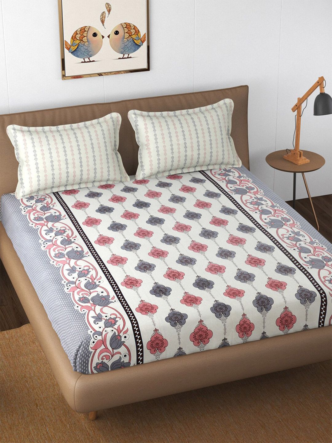 Florida Grey & Rose Gold Ethnic Motifs 210 TC King Bedsheet with 2 Pillow Covers Price in India