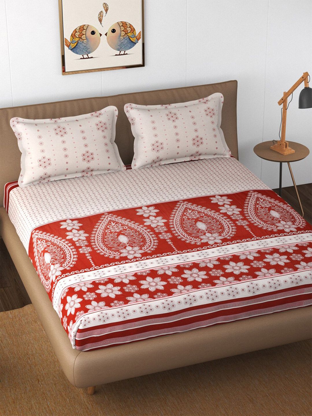 Florida Maroon & Off-White Ethnic Motifs 210 TC Cotton King Bedsheet with 2 Pillow Covers Price in India