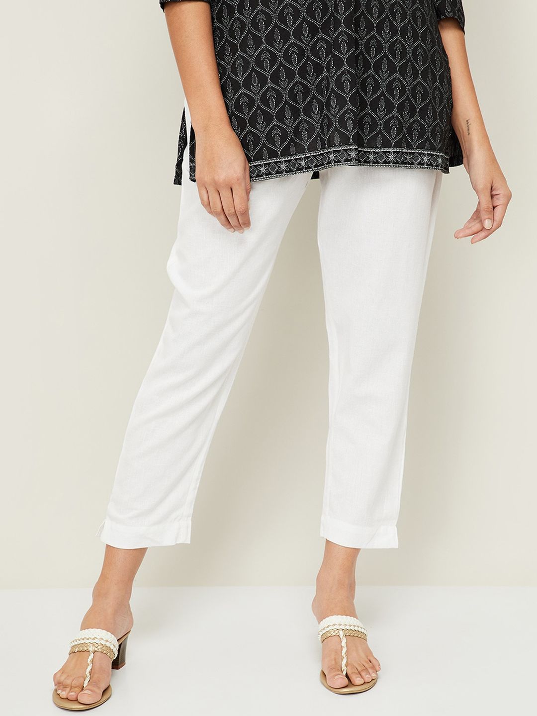 Melange by Lifestyle Women White Solid Cropped Trousers Price in India