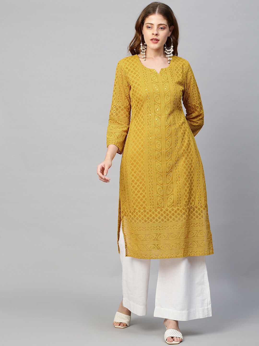 FASHOR Women Mustard Yellow Geometric Embroidered Chikankari Georgette Kurta Price in India