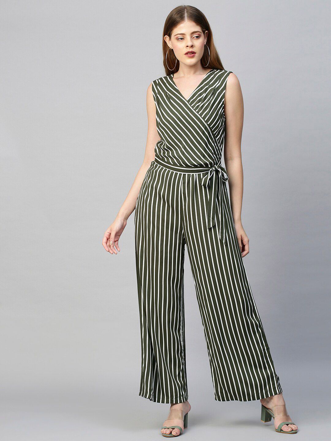 FASHOR Green & White Striped Basic Jumpsuit Price in India