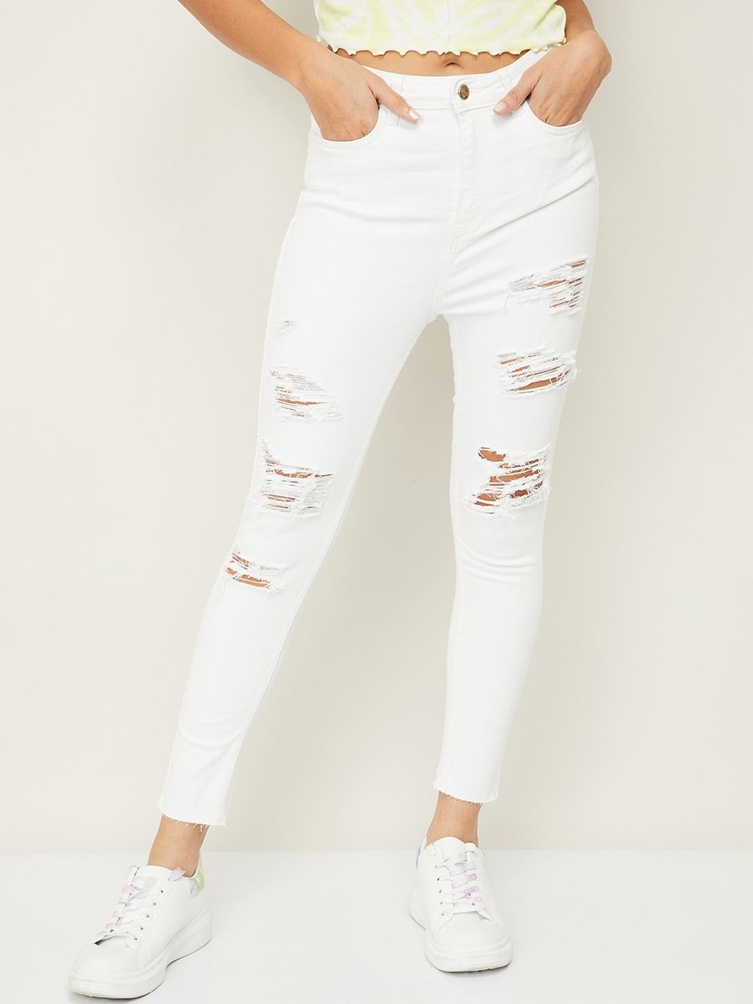 Ginger by Lifestyle Women White Slim Fit High-Rise Highly Distressed Jeans Price in India