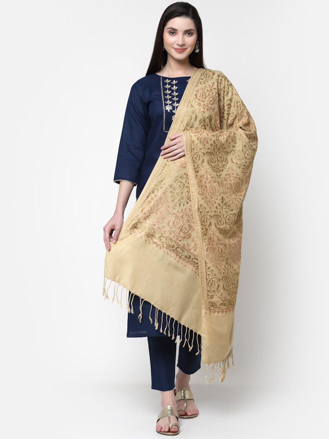 Anekaant Women Beige Ethnic Motif Embroidered Wool Shawl Price in India