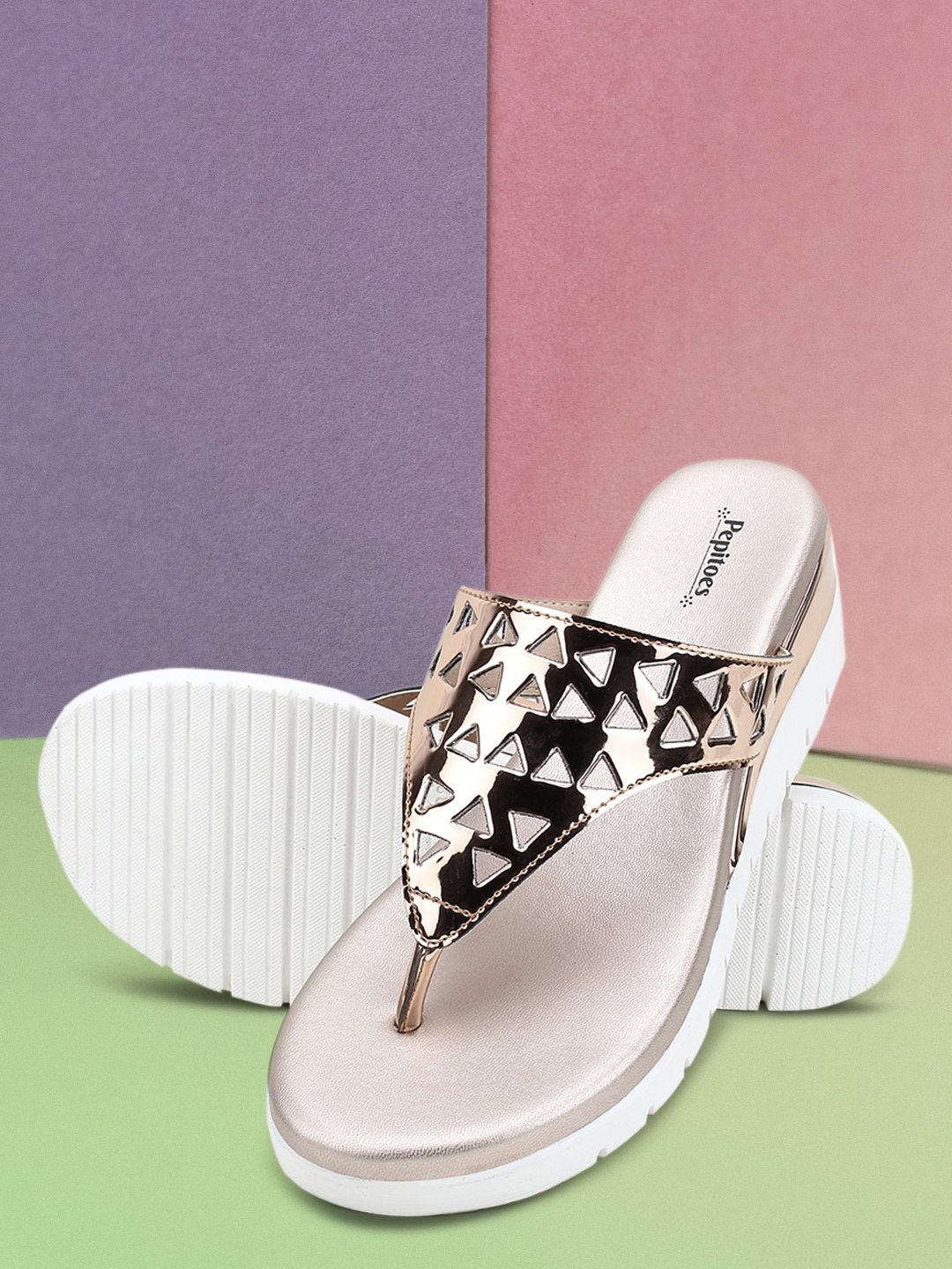 PEPITOES Women Rose Gold Flatform Sandals with Laser Cuts Price in India