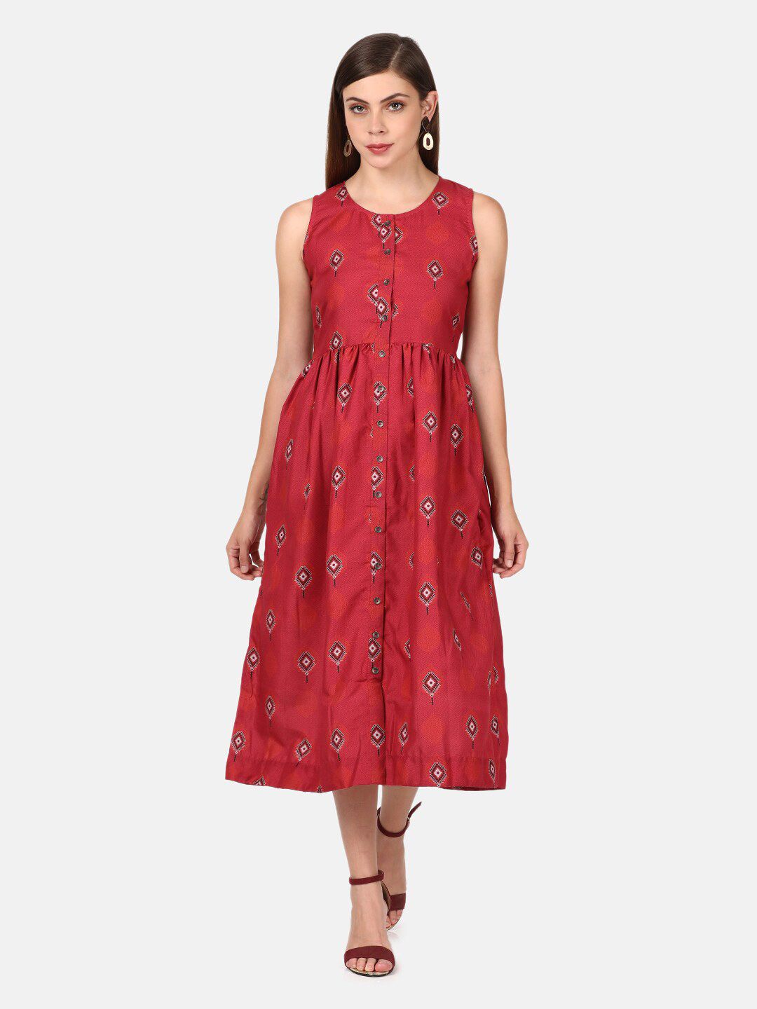 UNTUNG Red Floral Cotton Midi Dress Price in India
