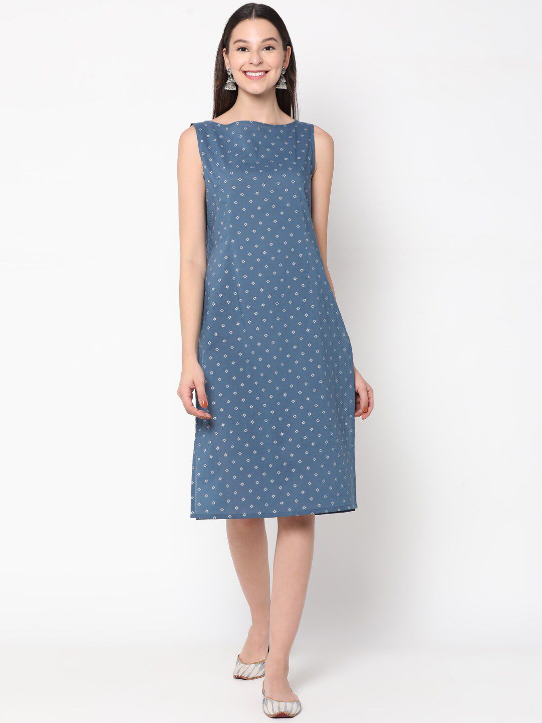 UNTUNG Blue & White Cotton A-Line Midi Dress with Shrug Price in India