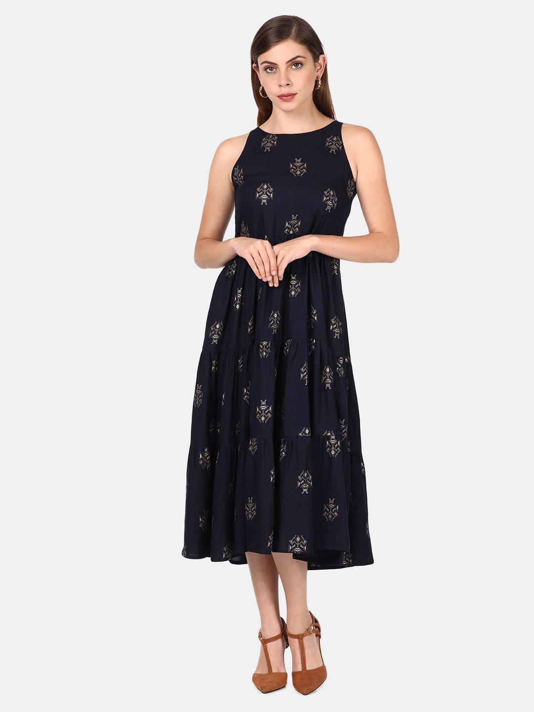 UNTUNG Navy Blue & Brown Foil Print Cotton Midi Dress Price in India