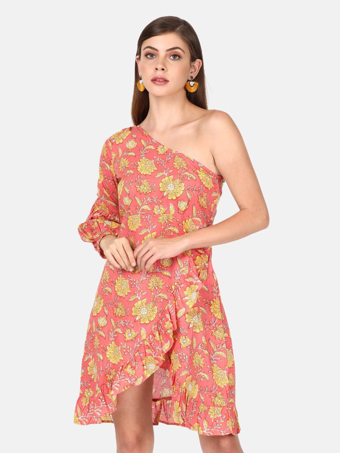 UNTUNG Women Peach-Coloured & Yellow Floral Printed One Shoulder Dress Price in India
