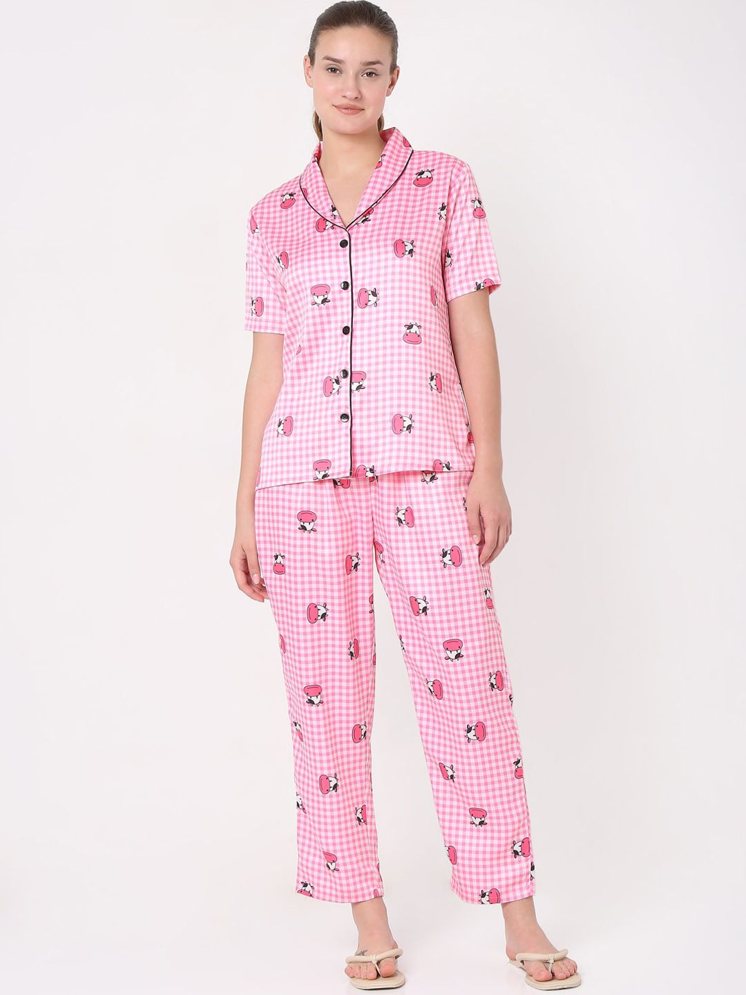 Smarty Pants Women Pink & White Cartoon Characters Printed Silk Satin Night Suit Price in India