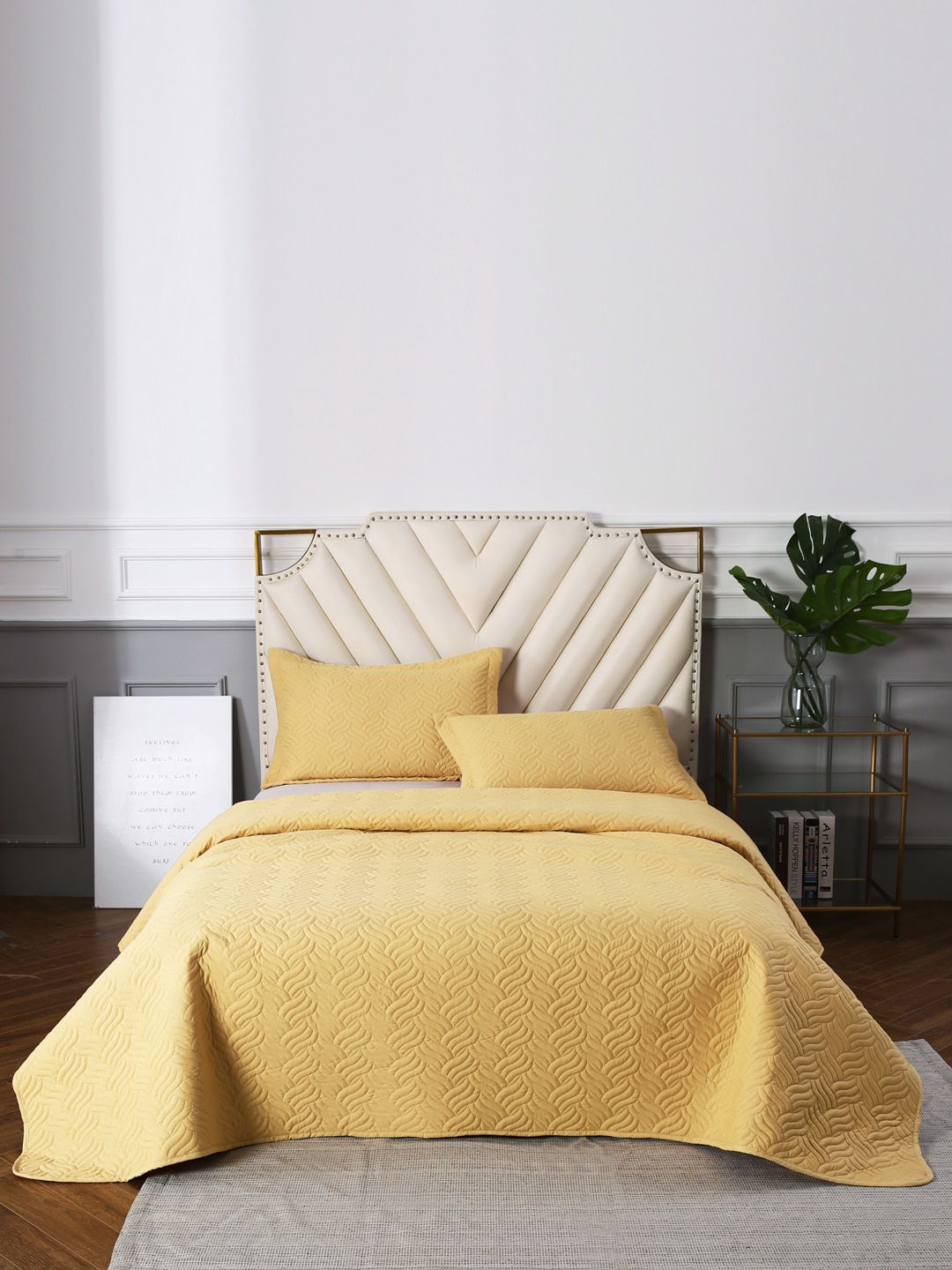URBAN DREAM Yellow Solid Double Queen Size Bedcover With 2 Pillow Covers Price in India