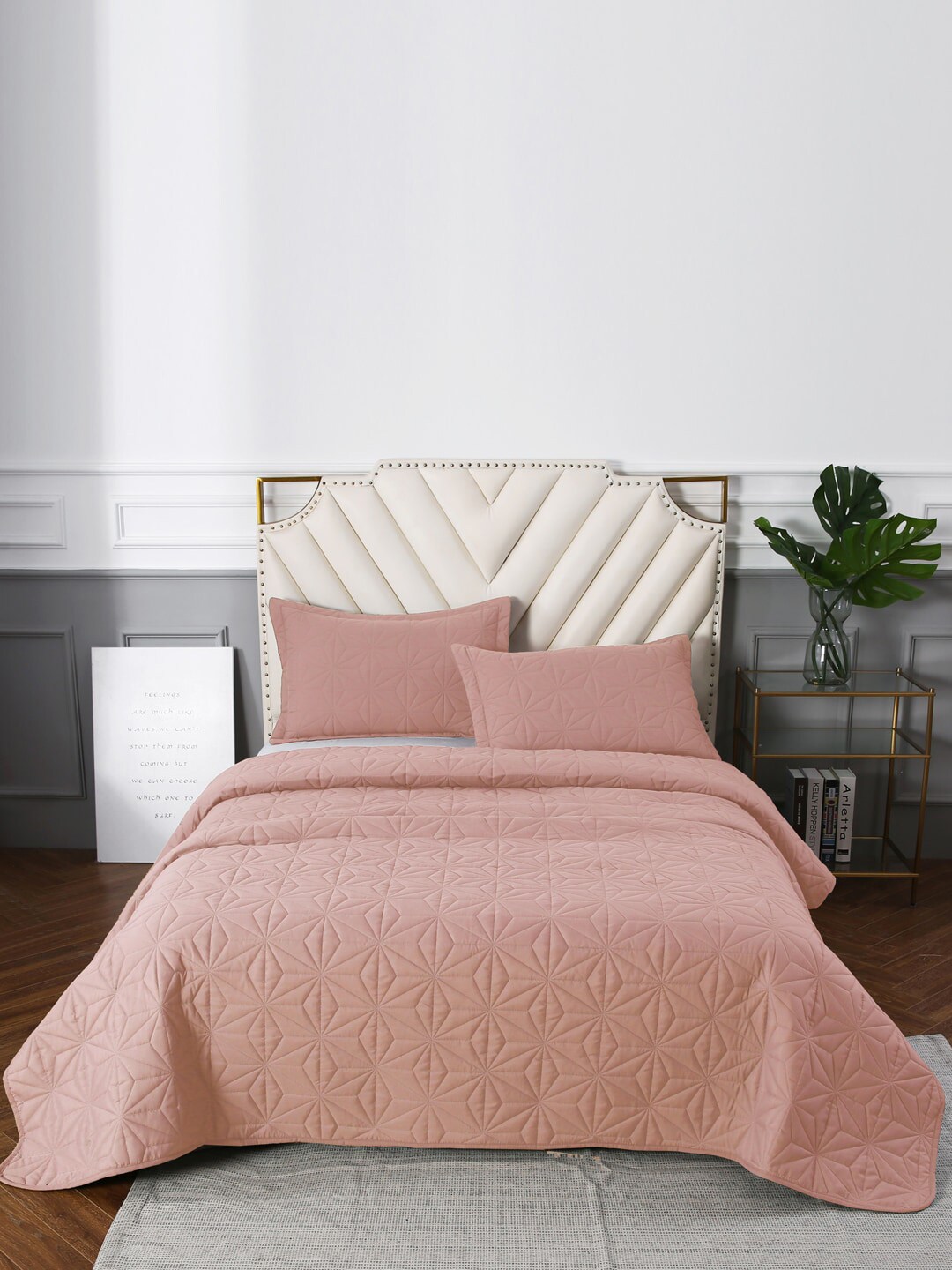 URBAN DREAM Pink Quilted Cotton Double Bedcover With 2 Pillow Cover Price in India