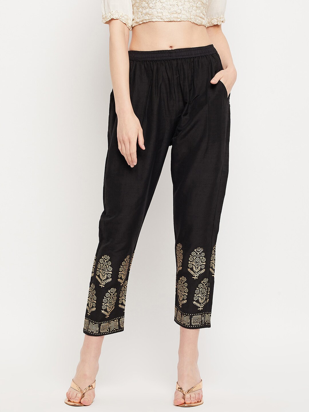 Clora Creation Women Black & Golden Printed Smart Easy Wash Cotton Silk Trousers Price in India