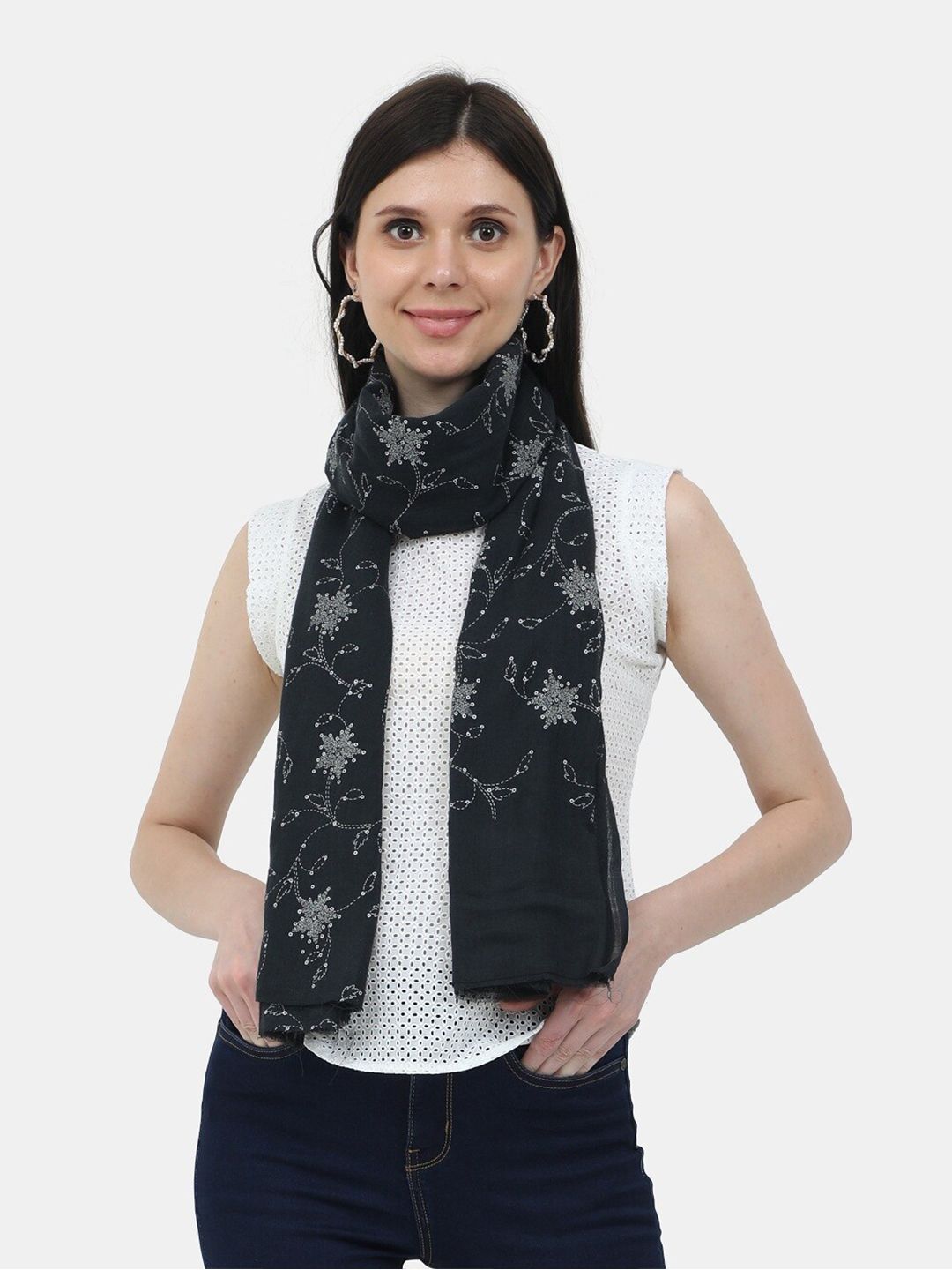 thickskin Women Black & Silver-Toned Embroidered Stole Price in India