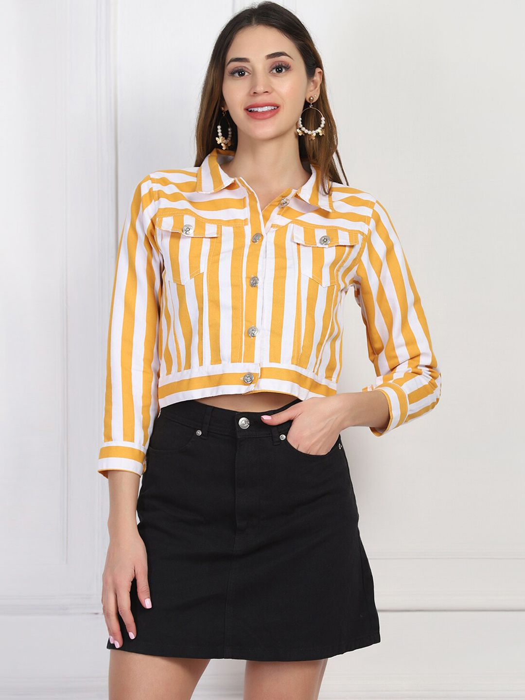 BUY NEW TREND Women Yellow & White Striped Lightweight Crop Open Front Jacket Price in India