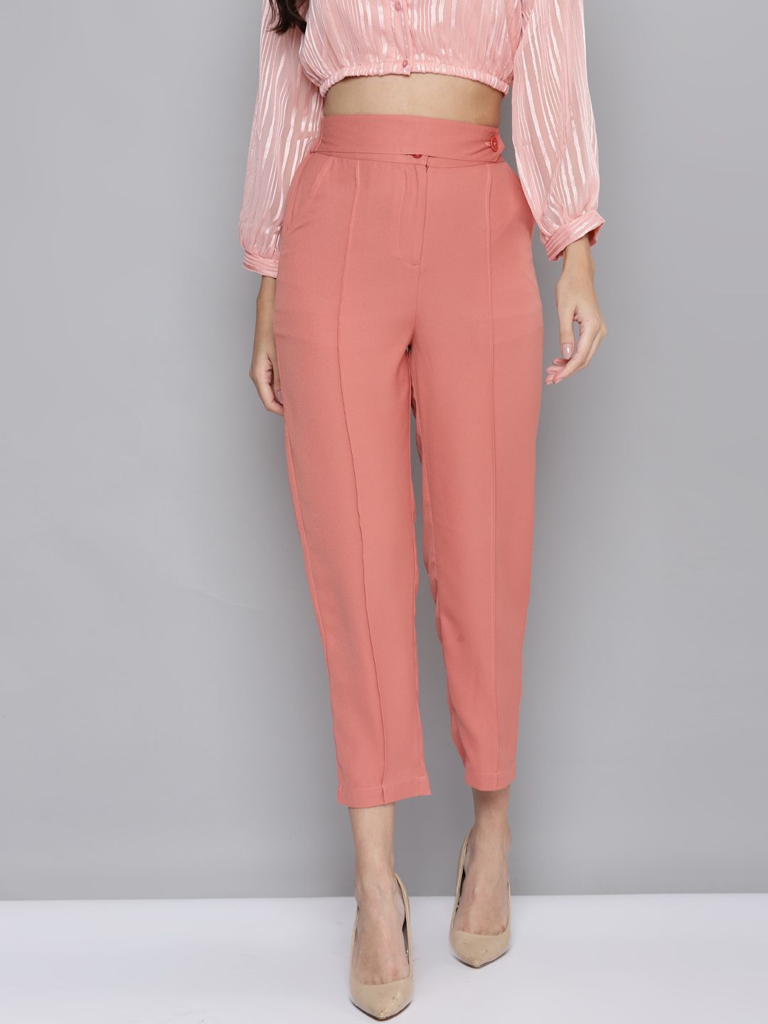 SASSAFRAS Women Peach-Coloured Tapered Fit High-Rise Easy Wash Pleated Cropped Trousers Price in India