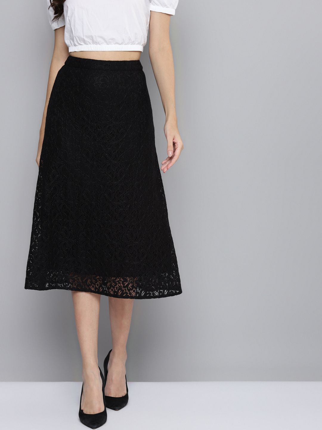 SASSAFRAS Black Lace Design A-Line Skirt Price in India