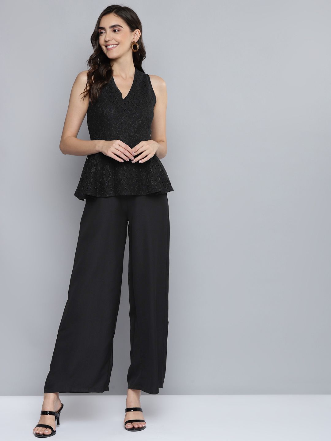 SASSAFRAS Black Lace Sleeveless Peplum Jumpsuit Price in India