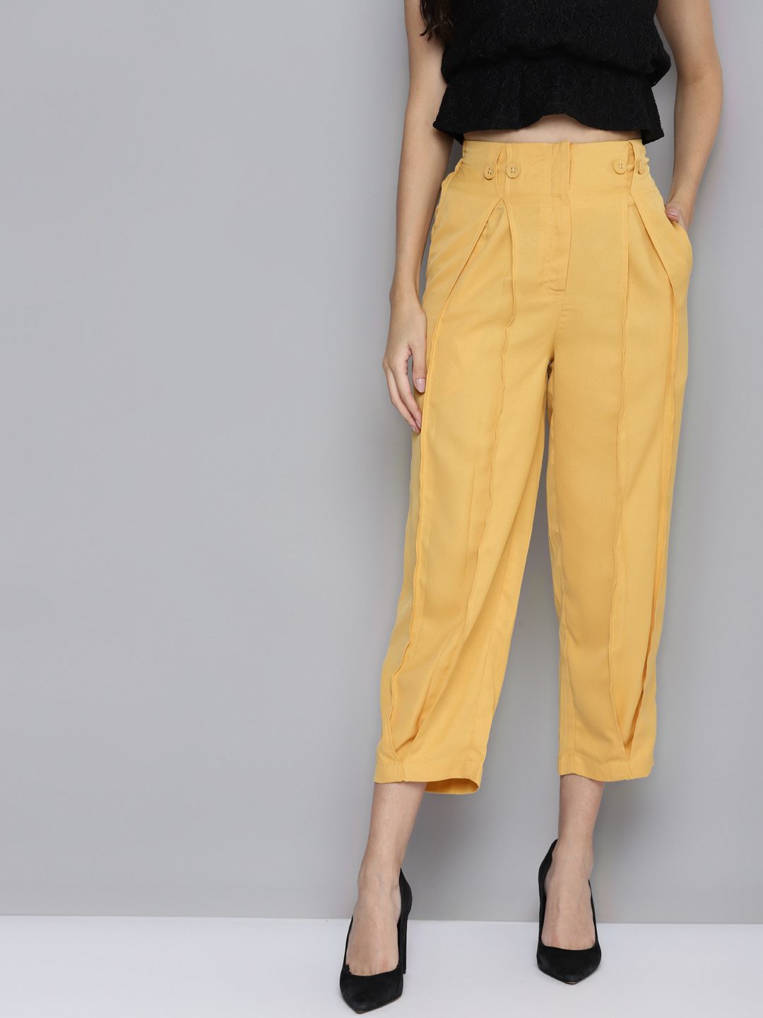 SASSAFRAS Women Yellow High-Rise Easy Wash Pleated Trousers Price in India