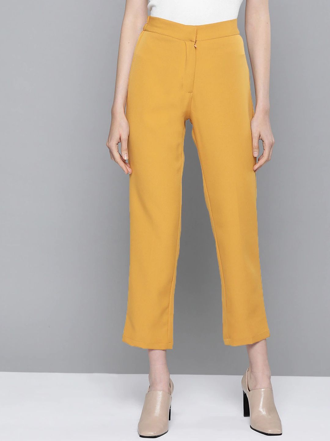 SASSAFRAS Women Mustard Yellow Tapered Fit High-Rise Cropped Trousers Price in India