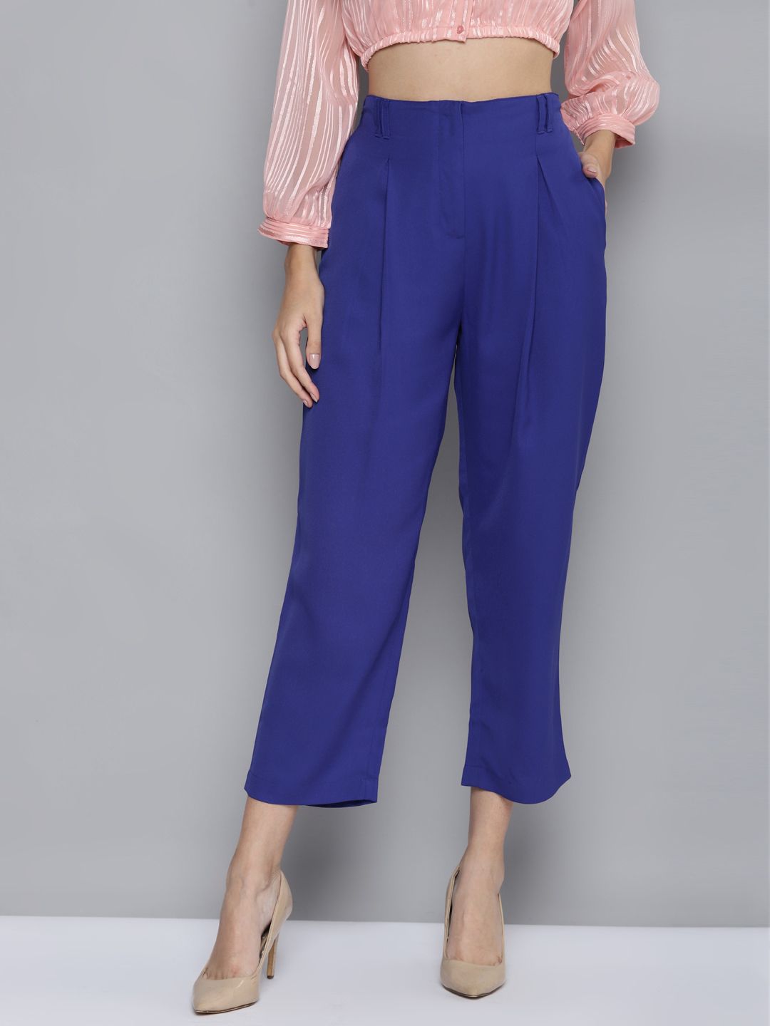 SASSAFRAS Women Blue High-Rise Pleated Cropped Trousers Price in India