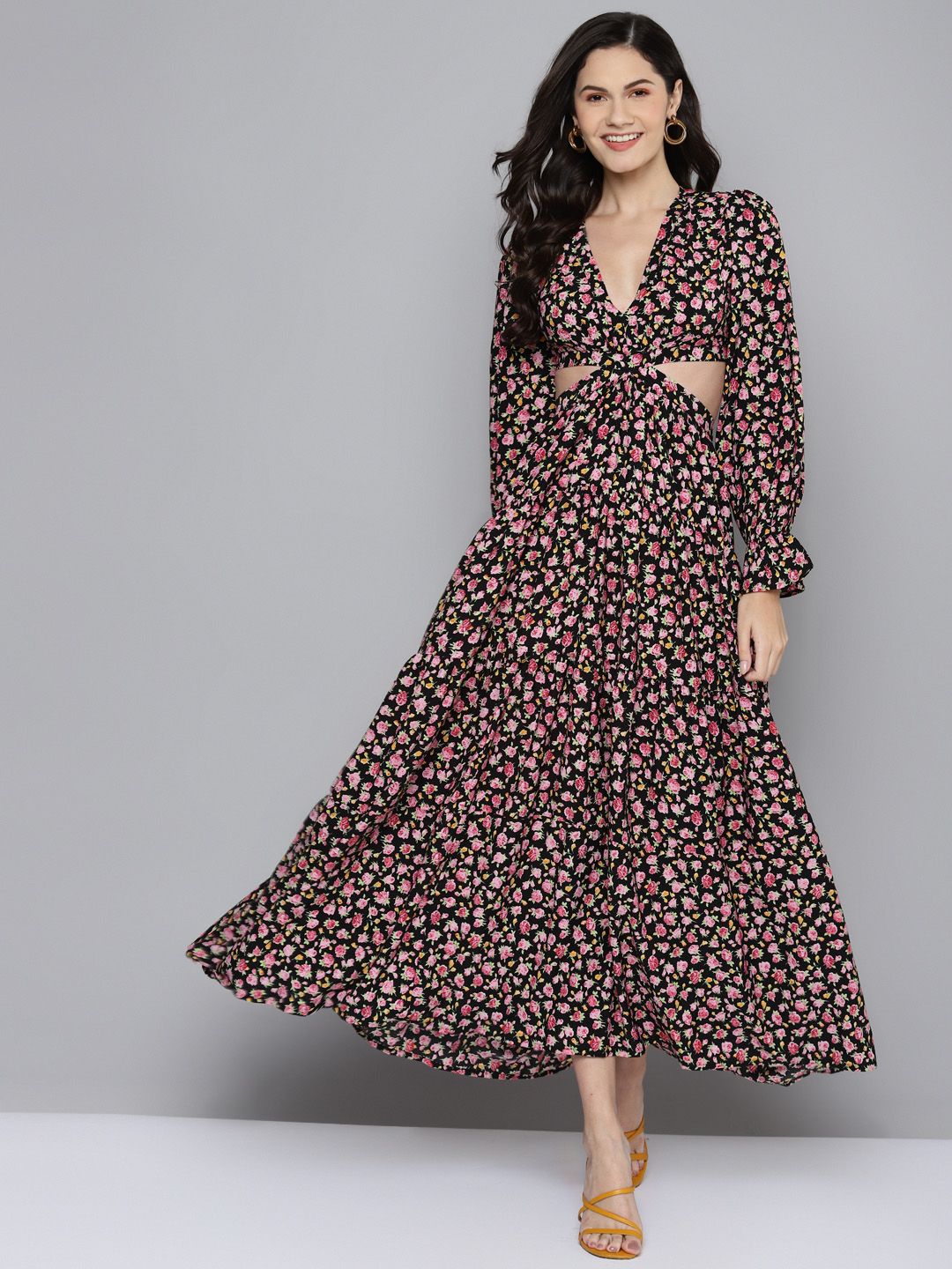 SASSAFRAS Black & Pink Floral Waist Cut-Out Maxi Dress Price in India