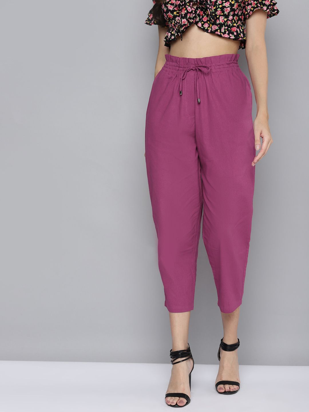 SASSAFRAS Women Fuchsia High-Rise Cropped Cotton Trousers Price in India