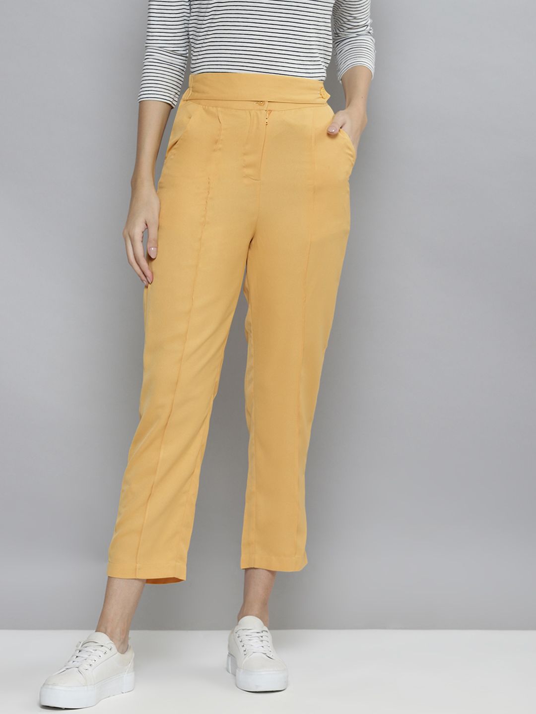 SASSAFRAS Women Yellow High-Rise Trousers Price in India