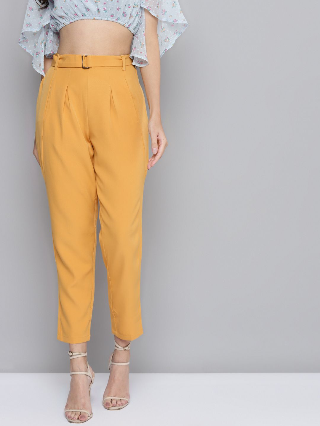 SASSAFRAS Women Mustard Yellow High-Rise Cropped Trousers Price in India