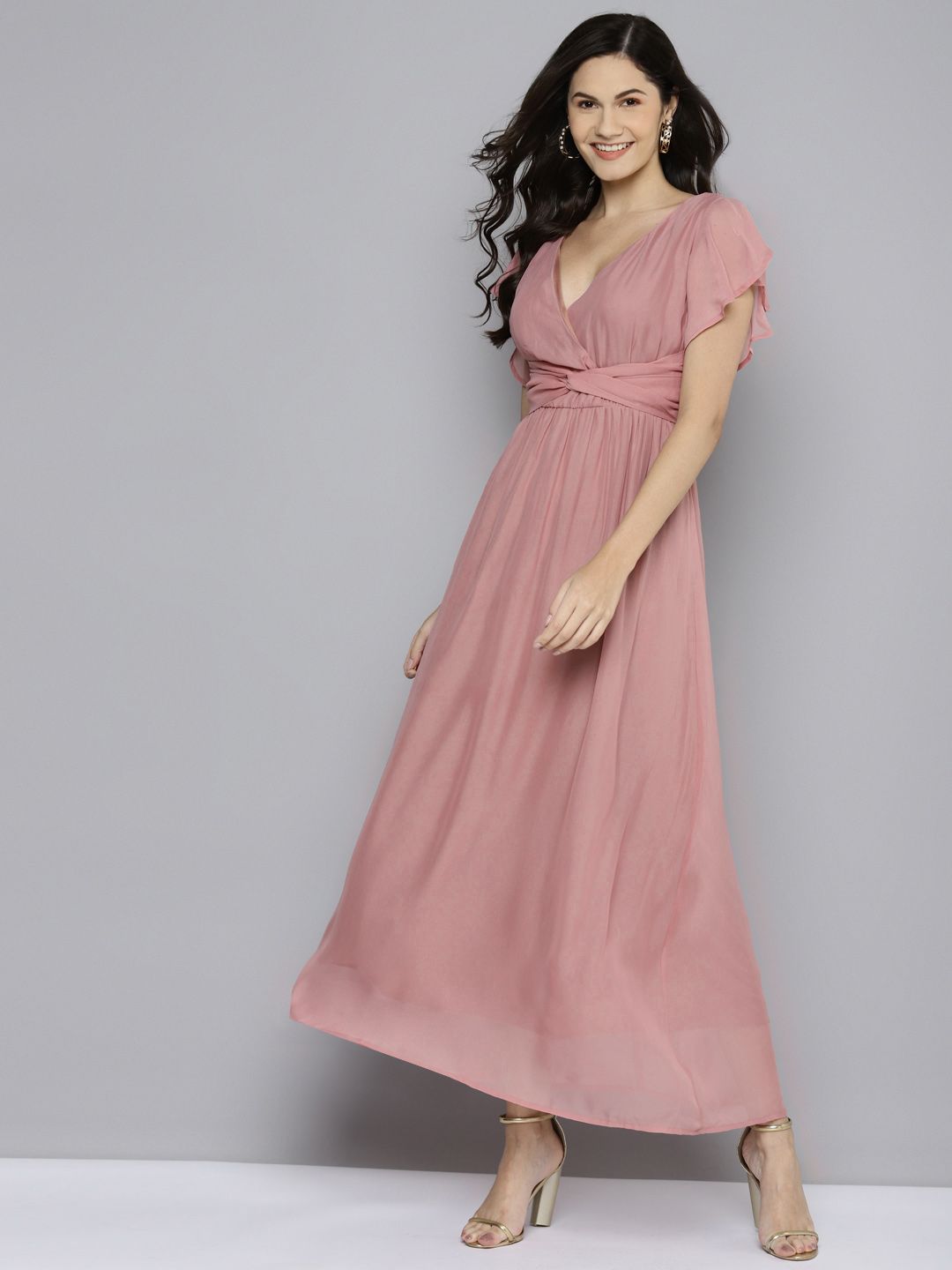 SASSAFRAS Pink Wrap Belted Maxi Dress Price in India