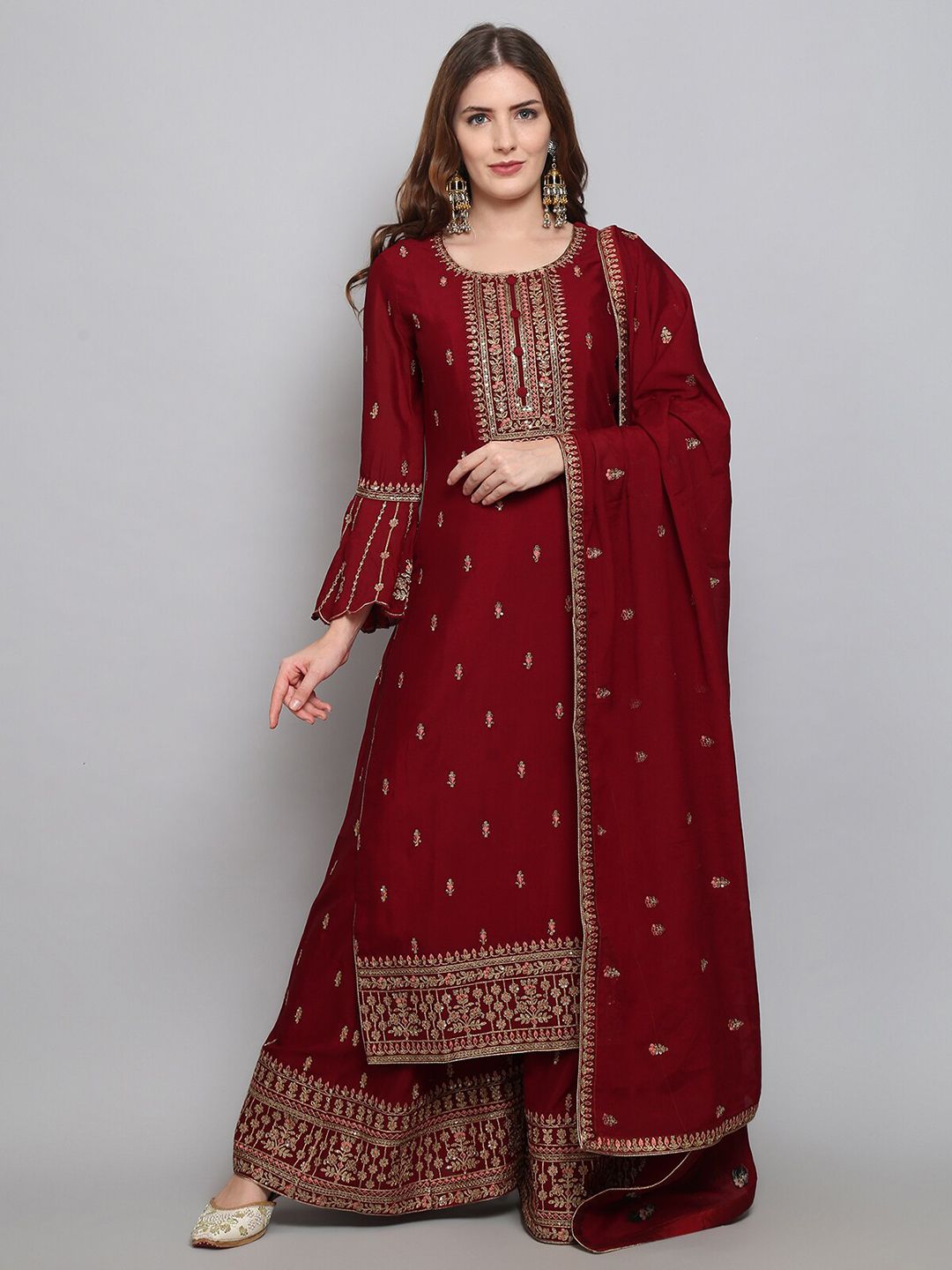 Stylee LIFESTYLE Maroon & Gold-Toned Embroidered Semi-Stitched Dress Material Price in India