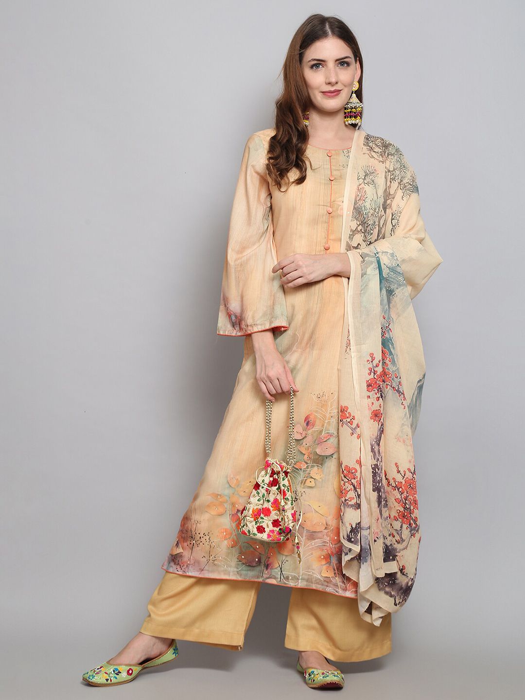 Stylee LIFESTYLE Beige & Orange Printed Unstitched Dress Material Price in India