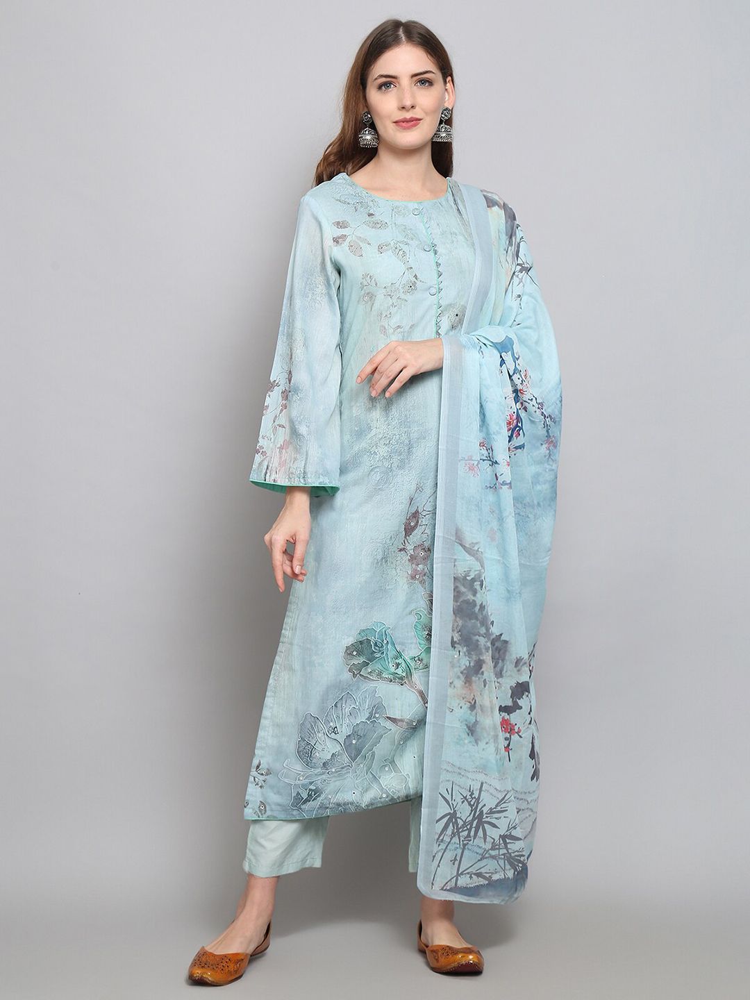 Stylee LIFESTYLE Turquoise Blue & Grey Printed Cotton Blend Unstitched Dress Material Price in India