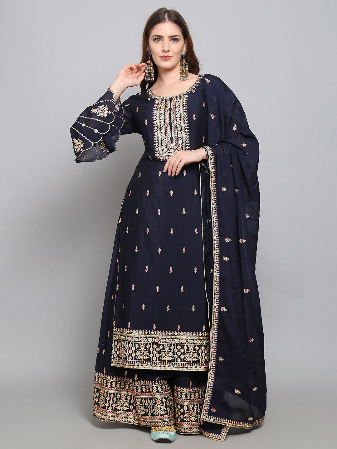 Stylee LIFESTYLE Navy Blue & Pink Embroidered Semi-Stitched Dress Material Price in India