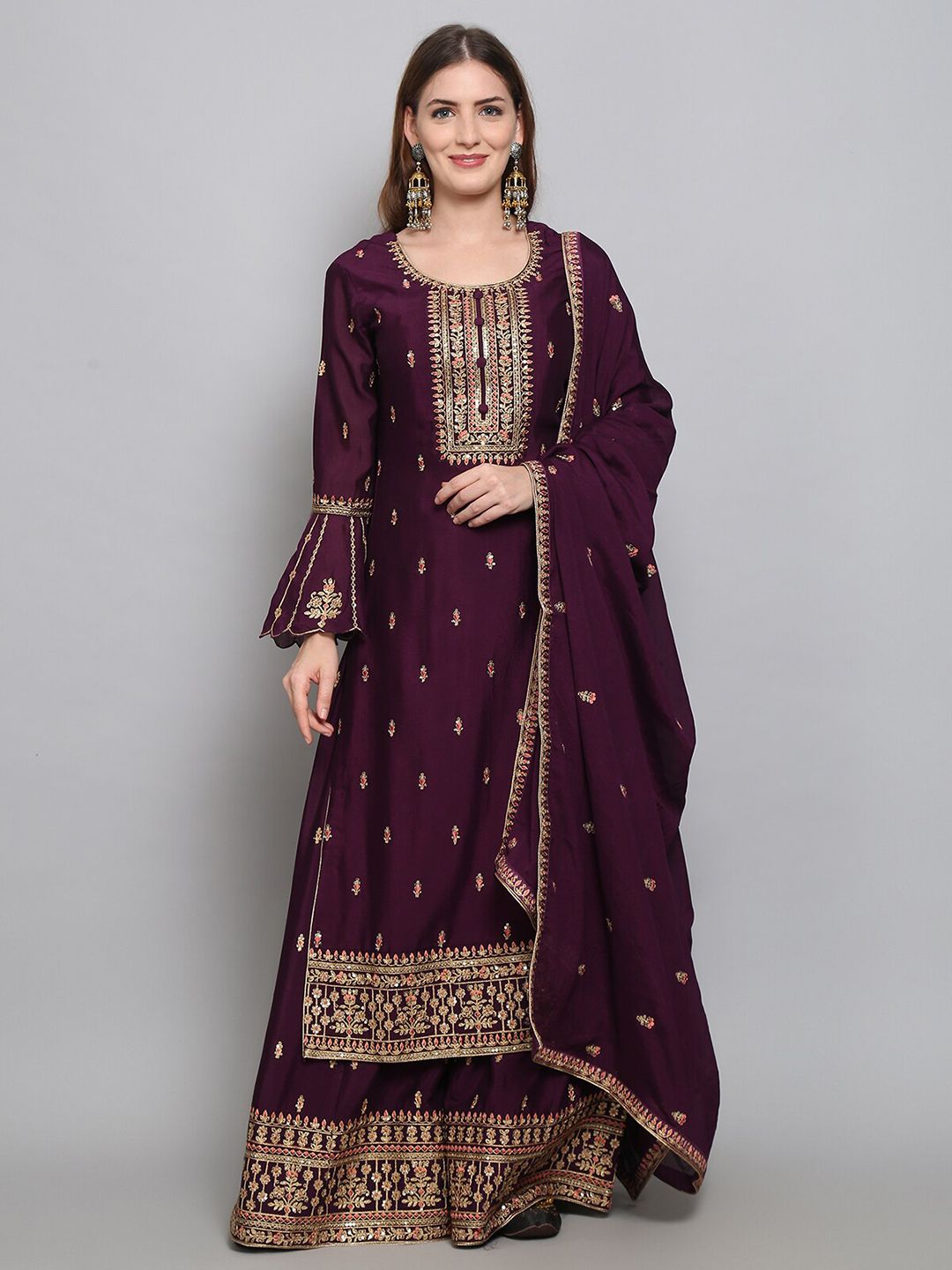Stylee LIFESTYLE Purple & Gold Embroidered Semi-Stitched Dress Material Price in India