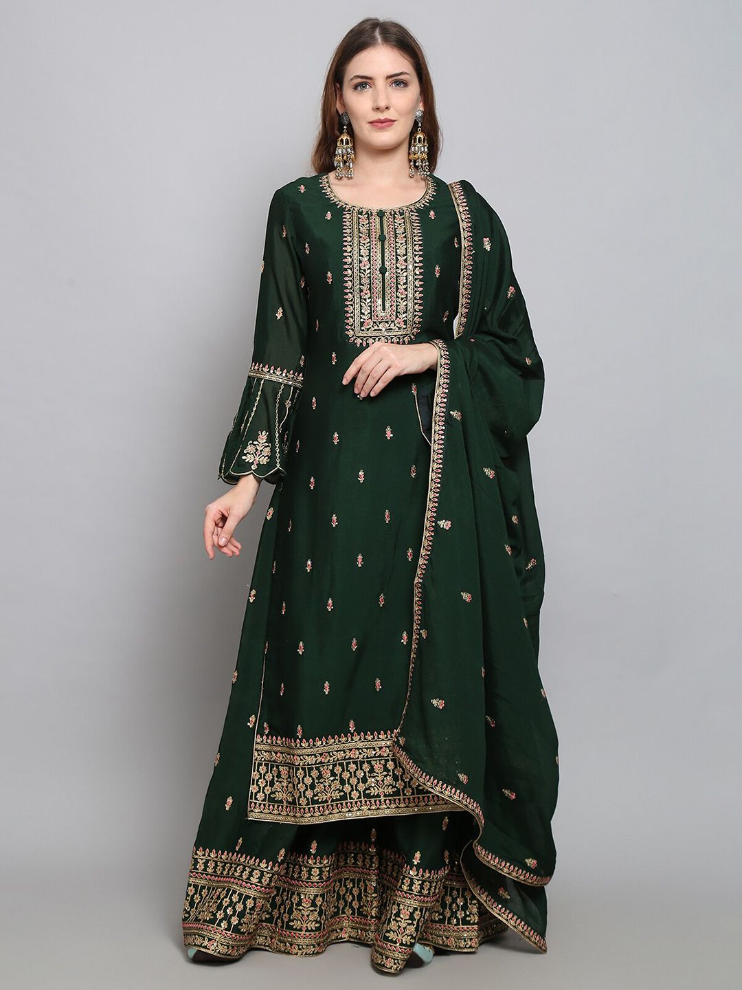 Stylee LIFESTYLE Green & Gold-Toned Embroidered Semi-Stitched Dress Material Price in India