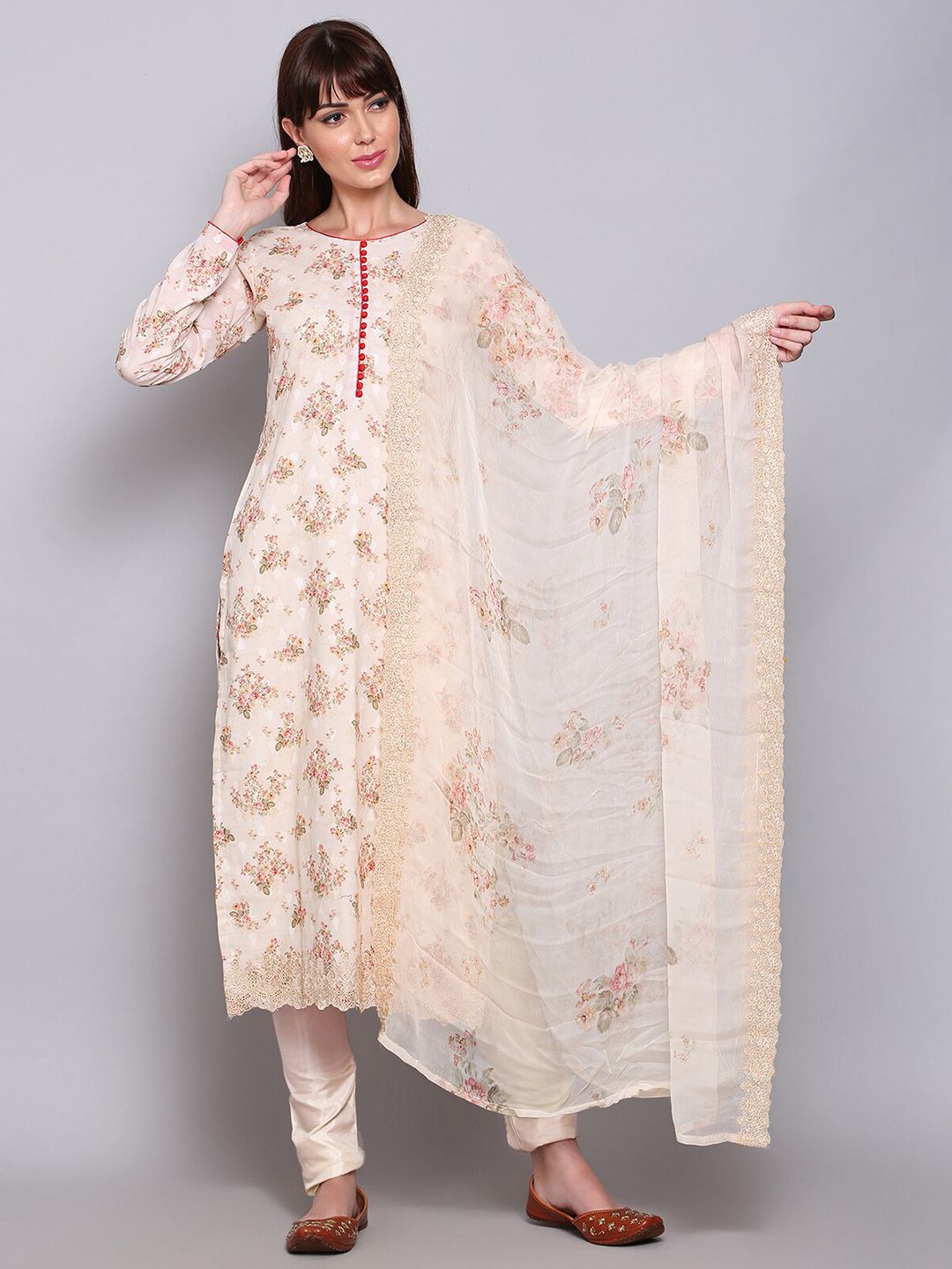 Stylee LIFESTYLE Beige & Red Printed Unstitched Dress Material Price in India