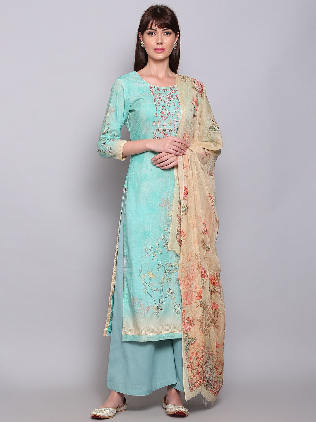 Stylee LIFESTYLE Green & Beige Printed Unstitched Dress Material Price in India