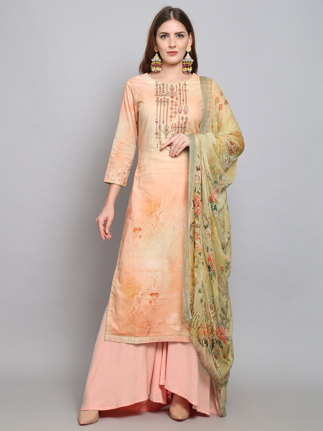 Stylee LIFESTYLE Peach-Coloured & Green Printed Unstitched Dress Material Price in India