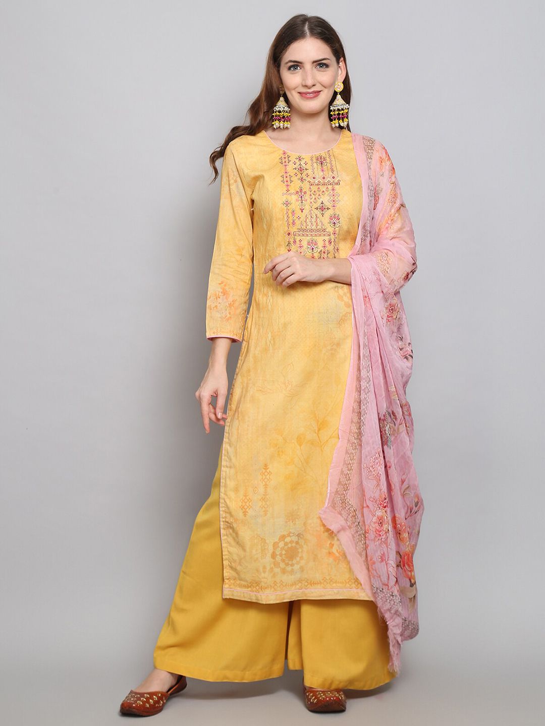 Stylee LIFESTYLE Yellow & Pink Embroidered Unstitched Dress Material Price in India