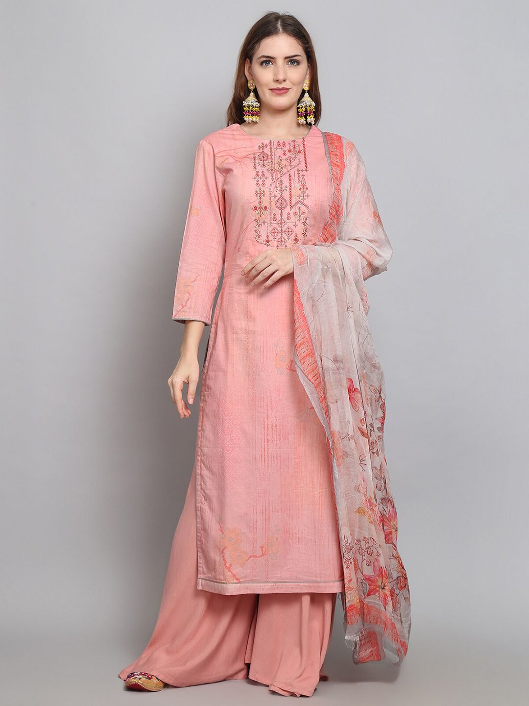 Stylee LIFESTYLE Pink & Red Embroidered Unstitched Dress Material Price in India